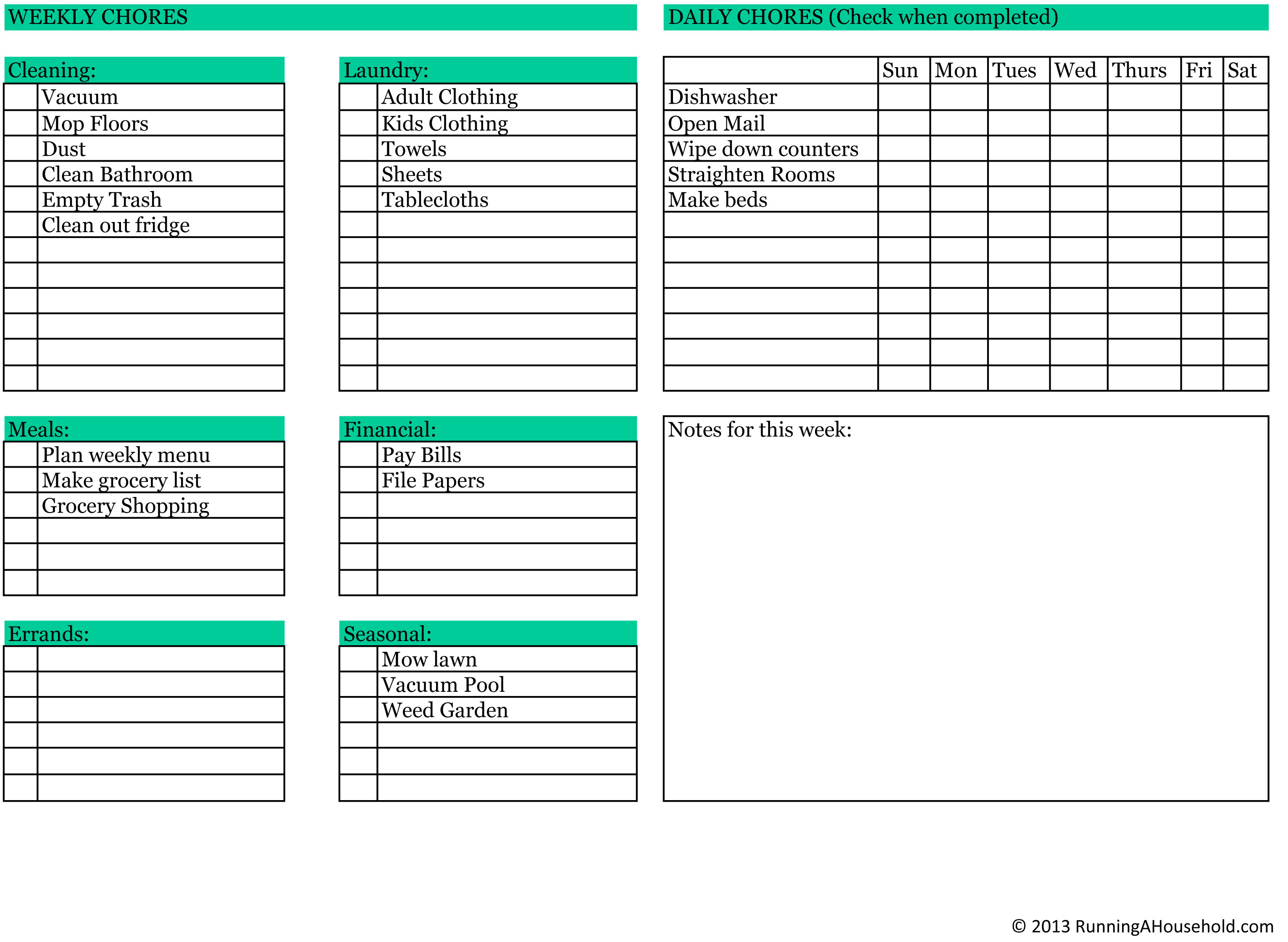 Household Chores List Template