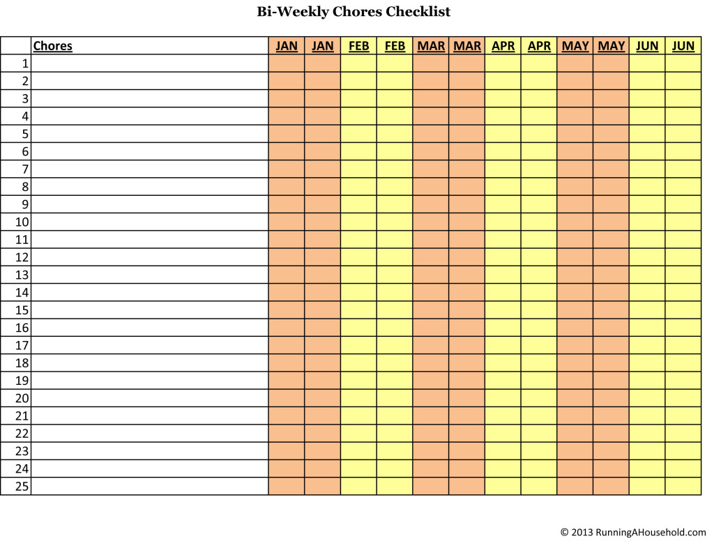 Bi-weekly and Monthly Chores Checklist - Running A Household