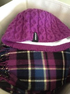 Hats and scarves in bin