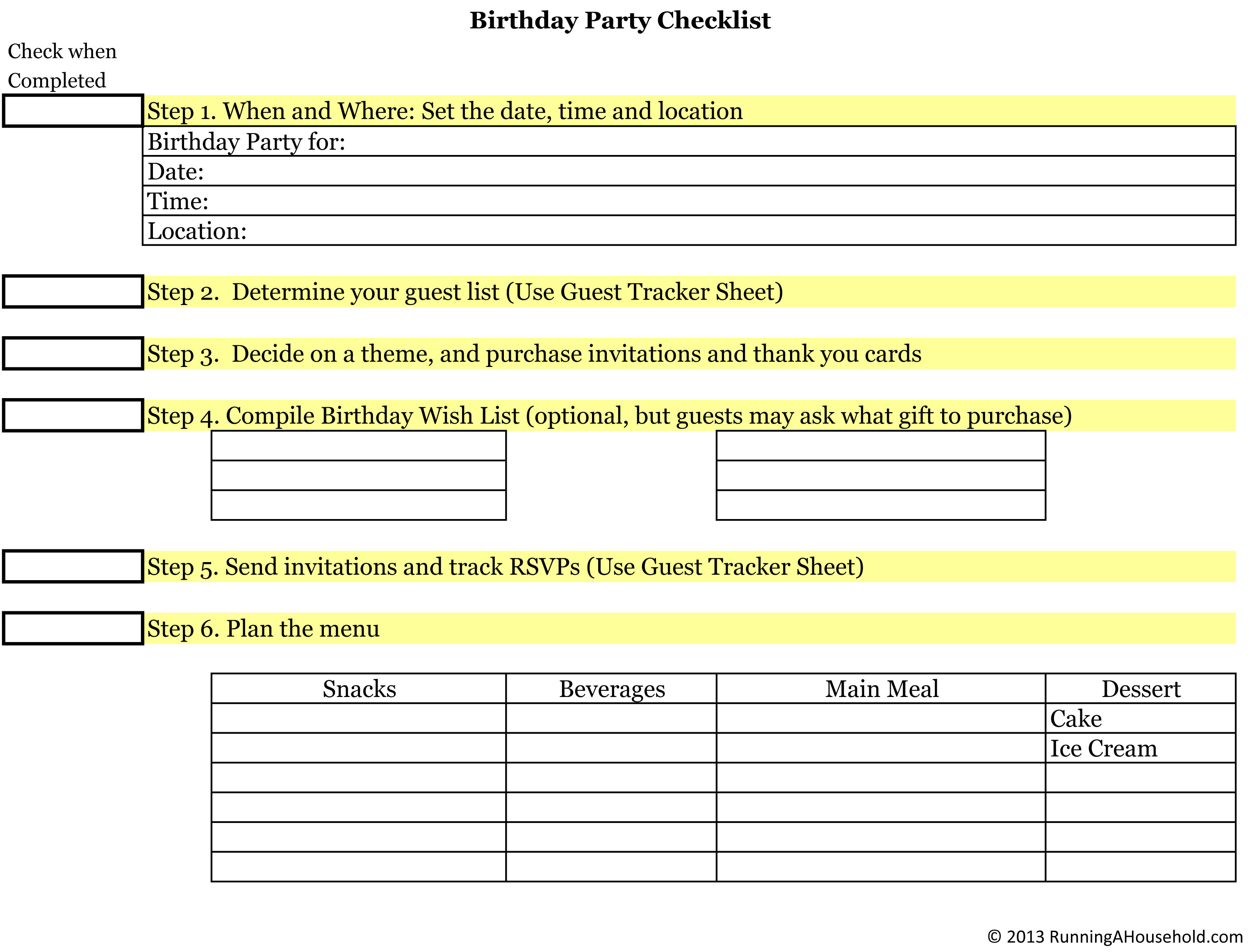 Birthday Party Checklist