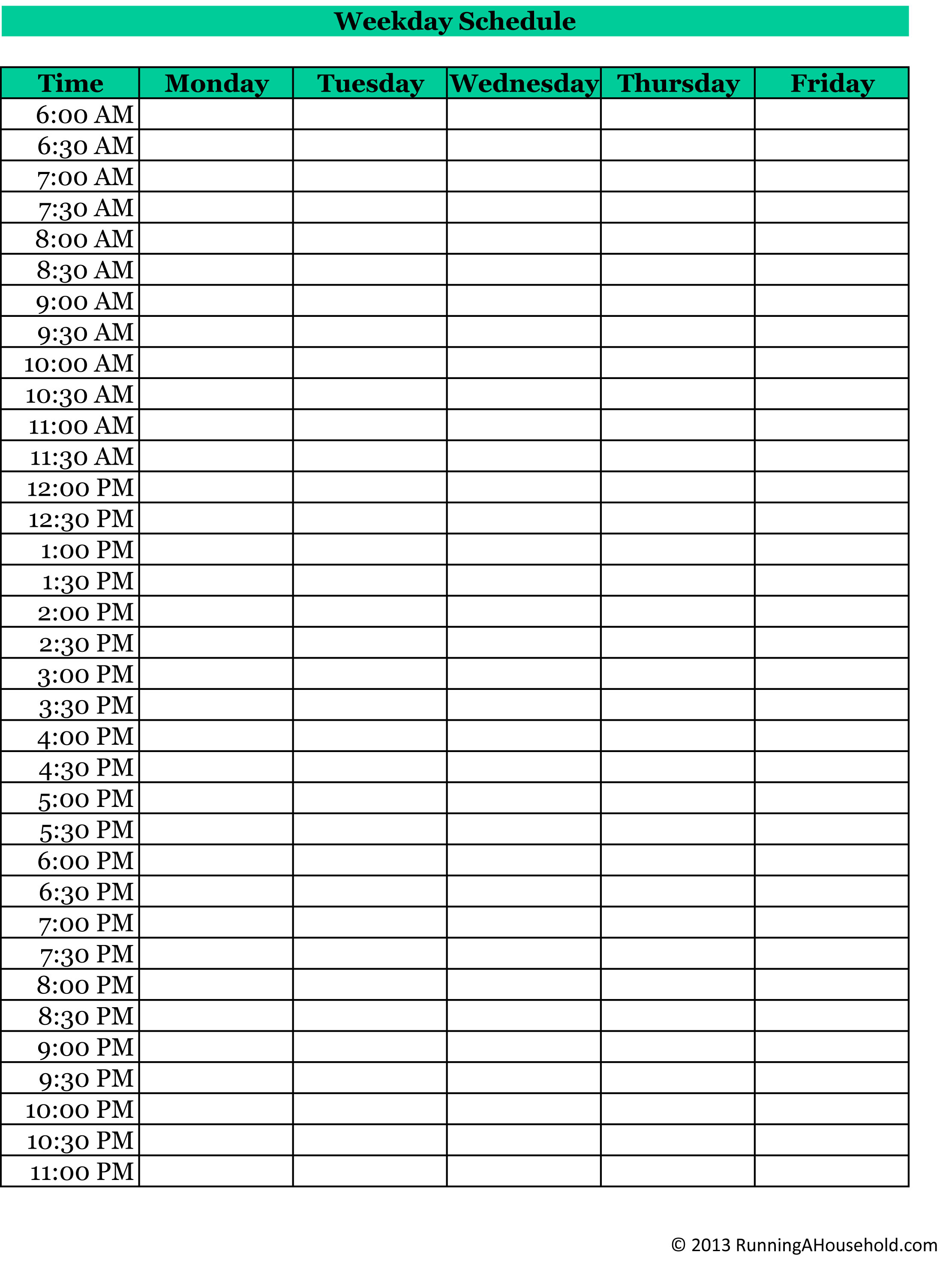 24 Hour Weekly Schedule Template Pdf